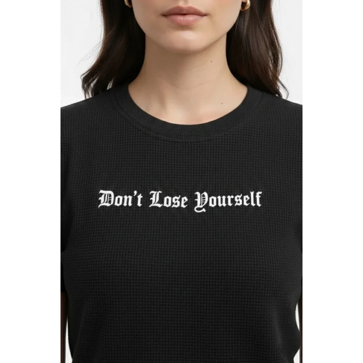 Wafıl Kumaş Tişört Regular Kalıp Bisiklet Yaka Baskılı Günlük Basic T-Shirt - Siyah