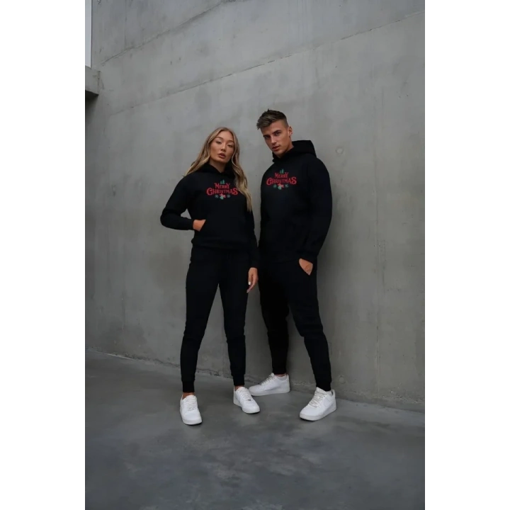 Yılbaşı Merry Christmas Baskılı Oversize Kapüşonlu Sweatshirt Hoodie - Siyah