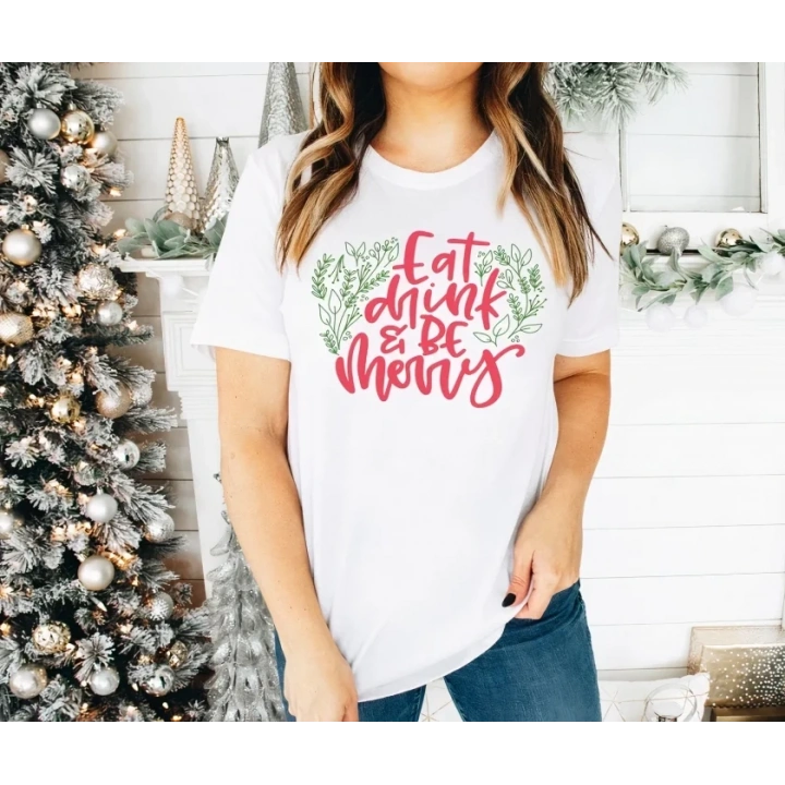 Yılbaşı Noel Baskılı Kısa Kollu Oversize Bisiklet Yaka T-shirt - Beyaz