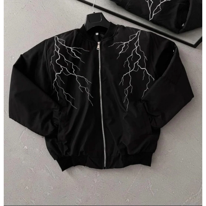 Yıldırım Baskılı Uzun Kol Bomber Ceket - Siyah