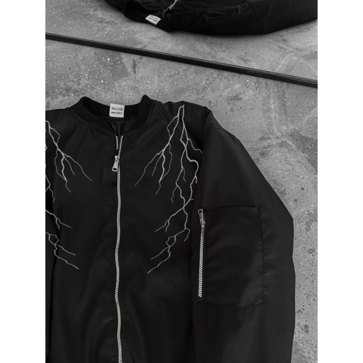 Yıldırım Baskılı Uzun Kol Bomber Ceket - Siyah