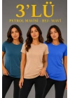 3’lü Kısa Kollu Bisiklet Yaka Basic Slim Fit T-Shirt -Petrol Mavisi  - Bej - Mavi
