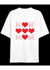 Anneler Günü Hediye MOM Kalp Baskılı Oversize Bisiklet Yaka T-shirt - Beyaz