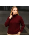 Balıkcı Yaka Bağazlı Triko Kazak Pamuklu Kalın Fitilli Dokuma - Bordo