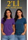 Basic Bisiklet Yaka Yazlık Slim Fit T-Shirt - Mor - Petrol Mavisi