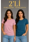 Basic Bisiklet Yaka Yazlık Slim Fit T-Shirt - Pudra Pembe - Petrol Mavi