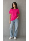 Basic Pamuklu Tişört Bisiklet Yaka Düz Renk Relaxed Fit T-Shirt - Fuşya