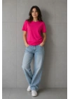 Basic Pamuklu Tişört Bisiklet Yaka Düz Renk Relaxed Fit T-Shirt - Fuşya