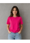 Basic Pamuklu Tişört Bisiklet Yaka Düz Renk Relaxed Fit T-Shirt - Fuşya
