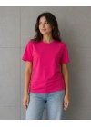 Basic Pamuklu Tişört Bisiklet Yaka Düz Renk Relaxed Fit T-Shirt - Fuşya