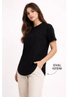 Basic T-Shirt Kısa Kol Bisiklet Yaka Oval Kesim Tişört - Siyah