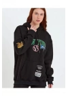Baskılı Kapüşonlu Sweatshirt - Siyah