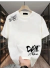 Baskılı Oversize Bisiklet Yaka T-shirt - Beyaz