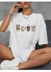 Baskılı Oversize Bisiklet Yaka T-shirt - Beyaz