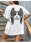 Baskılı Oversize Bisiklet Yaka T-shirt - Beyaz