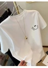 Baskılı Oversize Bisiklet Yaka T-shirt - Beyaz