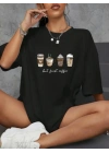 Baskılı Oversize Bisiklet Yaka T-shirt - Siyah