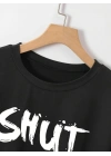 Baskılı Oversize Bisiklet Yaka T-shirt - Siyah