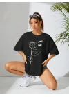 Baskılı Oversize T-shirt - Siyah
