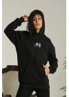 Baskılı Oversize Üç İplik Kapüşonlu Sweatshirt - Siyah