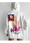 Baskılı Üç İplik Kapüşonlu Oversize Sweatshirt - Beyaz