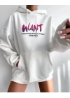 Baskılı Üç İplik Kapüşonlu Oversize Sweatshirt - Beyaz