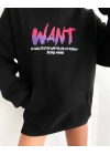 Baskılı Üç İplik Kapüşonlu Oversize Sweatshirt - Siyah
