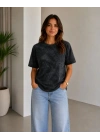 Batik Desenli Tişört Bisiklet Yaka Kısa Kol Regular Fit T-shirt - Siyah