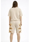 Bej Oversize Baskılı Tişört Şort Takım Cepli Şort Yazlık Rahat Günlük Kombin - Bej