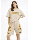 Bej Oversize Baskılı Tişört Şort Takım Cepli Şort Yazlık Rahat Günlük Kombin - Bej