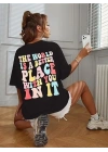 Bisiklet Yaka Baskılı T-shirt - Siyah