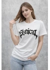 Bisiklet Yaka Ön Baskılı Kısa Kollu Tişört Streetwear Günlük Basic Pamuklu T-shirt - Beyaz