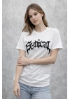 Bisiklet Yaka Ön Baskılı Kısa Kollu Tişört Streetwear Günlük Basic Pamuklu T-shirt - Beyaz