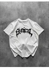 Bisiklet Yaka Ön Baskılı Kısa Kollu Tişört Streetwear Günlük Basic Pamuklu T-shirt - Beyaz