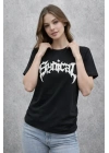 Bisiklet Yaka Ön Baskılı  Kısa Kollu Tişört Streetwear Günlük Basic Pamuklu T-shirt - Siyah
