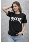 Bisiklet Yaka Ön Baskılı  Kısa Kollu Tişört Streetwear Günlük Basic Pamuklu T-shirt - Siyah