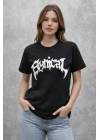 Bisiklet Yaka Ön Baskılı  Kısa Kollu Tişört Streetwear Günlük Basic Pamuklu T-shirt - Siyah