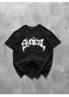 Bisiklet Yaka Ön Baskılı  Kısa Kollu Tişört Streetwear Günlük Basic Pamuklu T-shirt - Siyah
