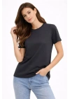 Bisiklet Yaka Tişört Regular Kalıp Basic Pamuklu Günlük Kullanım T-shirt - Füme