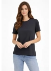 Bisiklet Yaka Tişört Regular Kalıp Basic Pamuklu Günlük Kullanım T-shirt - Füme