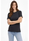 Bisiklet Yaka Tişört Regular Kalıp Basic Pamuklu Günlük Kullanım T-shirt - Füme