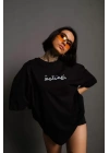 Bisiklet Yakalı Sırt Baskılı Oversize T-Shirt - Siyah