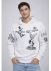 Erkek 3 İplik Pamuklu Kapüşonlu Baskılı SweatShirt Hoodie - Beyaz