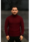Erkek Balıkcı Yaka Bağazlı Triko Kazak Pamuklu Kalın Fitilli Dokuma, Regular Fit Uzun Kollu Kışlık Model - Bordo