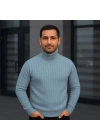 Erkek Balıkcı Yaka Bağazlı Triko Kazak Pamuklu Kalın Fitilli Dokuma, Regular Fit Uzun Kollu Kışlık Model - Bebe Mavisi