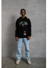 Erkek Baskılı Kapüşonlu Sweatshirt - Siyah