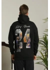 Erkek Baskılı Oversize Üç İplik Kapüşonlu Sweatshirt - Siyah
