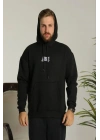Erkek Baskılı Oversize Üç İplik Kapüşonlu Sweatshirt - Siyah