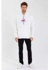 Erkek Baskılı Üç İplik Kapüşonlu Oversize Sweatshirt - Beyaz