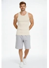 Erkek Fitilli Atlet Sıfır Yaka Slim Fit Arka Baskılı Spor Atlet - Krem